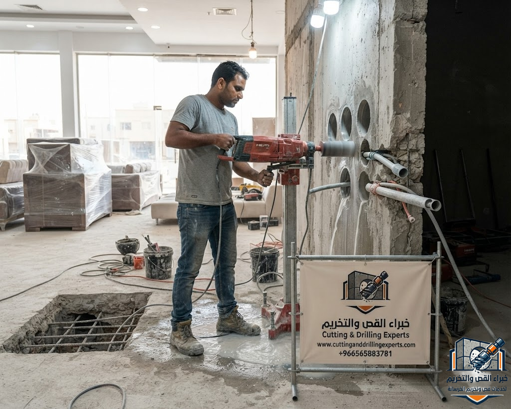 تنفيذ فتح كور للمكيفات والكهرباء والسباكة والتهوية في حي البوادي جدة باستخدام تقنية الكور الماسي